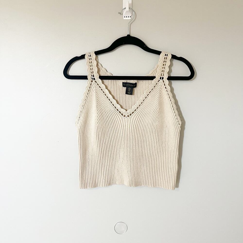 House of Harlow crochet knit v neck cropped tank top beige women’s large